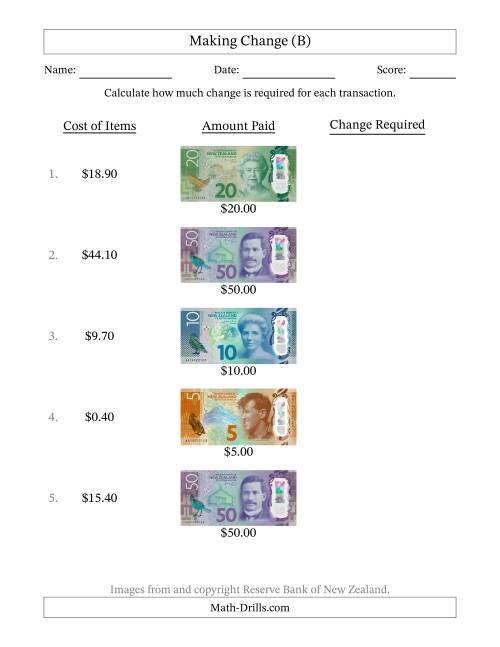 The Making Change from New Zealand Banknotes up to Fifty Dollars (B) Math Worksheet