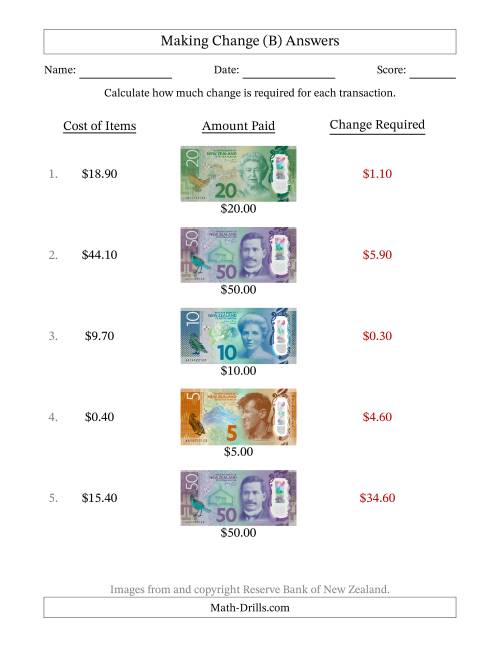 The Making Change from New Zealand Banknotes up to Fifty Dollars (B) Math Worksheet Page 2