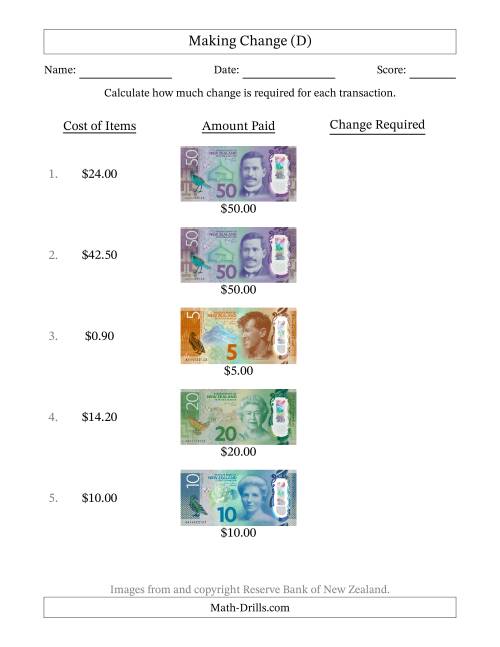 The Making Change from New Zealand Banknotes up to Fifty Dollars (D) Math Worksheet