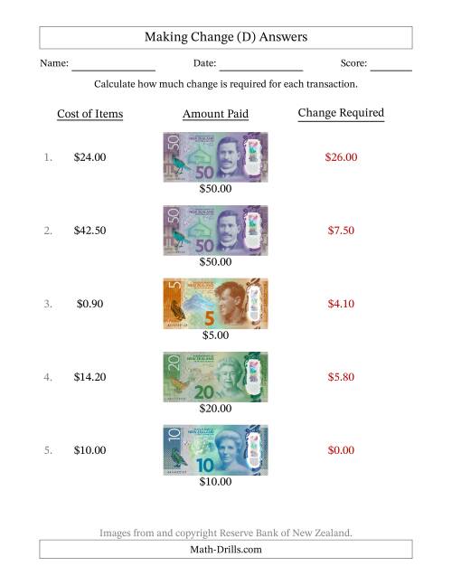 The Making Change from New Zealand Banknotes up to Fifty Dollars (D) Math Worksheet Page 2