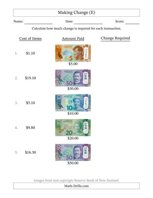 The Making Change from New Zealand Banknotes up to Fifty Dollars (E) Math Worksheet