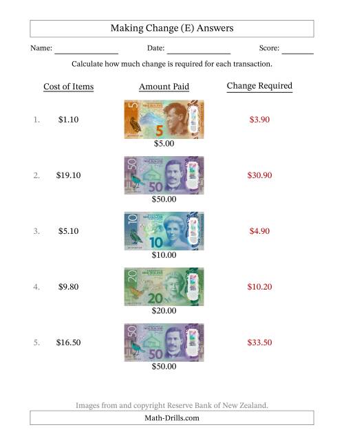 The Making Change from New Zealand Banknotes up to Fifty Dollars (E) Math Worksheet Page 2