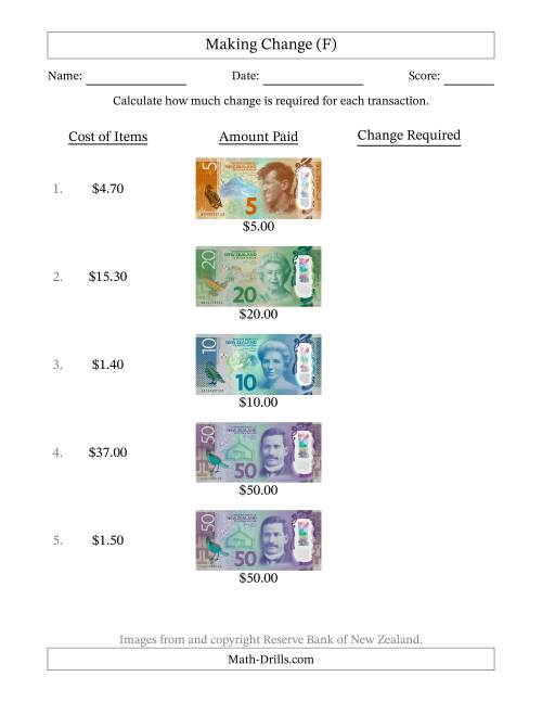 The Making Change from New Zealand Banknotes up to Fifty Dollars (F) Math Worksheet