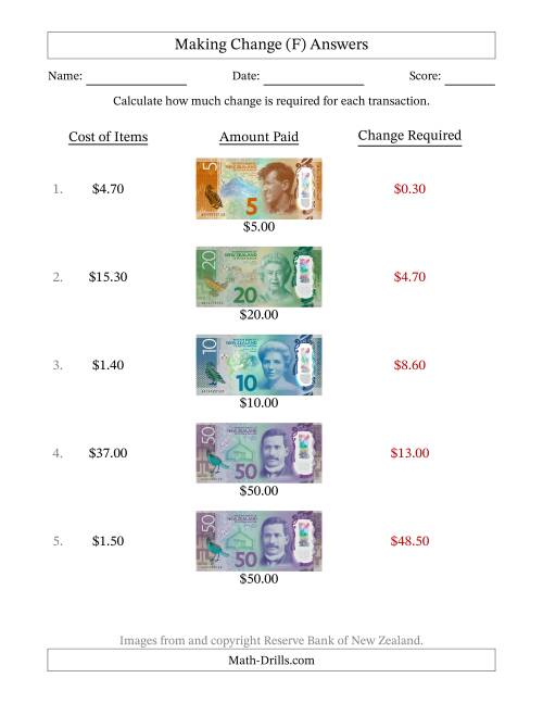 The Making Change from New Zealand Banknotes up to Fifty Dollars (F) Math Worksheet Page 2