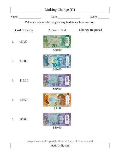 The Making Change from New Zealand Banknotes up to Fifty Dollars (H) Math Worksheet