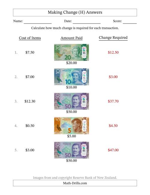 The Making Change from New Zealand Banknotes up to Fifty Dollars (H) Math Worksheet Page 2