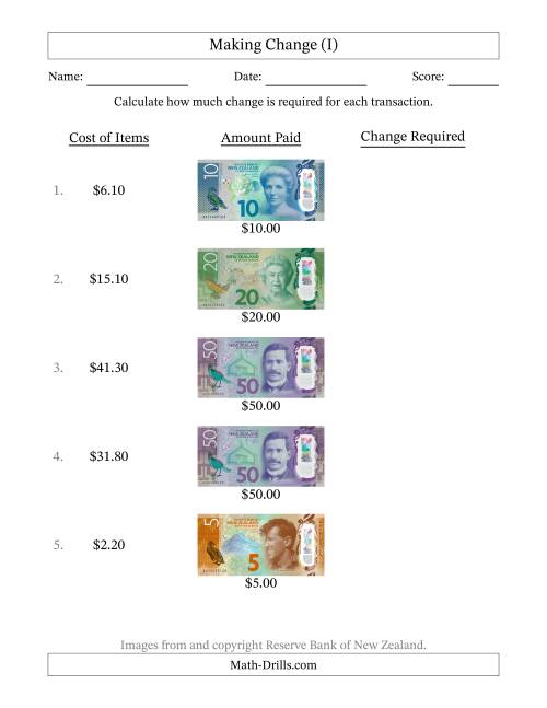 The Making Change from New Zealand Banknotes up to Fifty Dollars (I) Math Worksheet