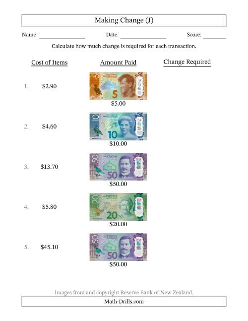 The Making Change from New Zealand Banknotes up to Fifty Dollars (J) Math Worksheet