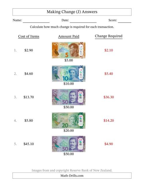 The Making Change from New Zealand Banknotes up to Fifty Dollars (J) Math Worksheet Page 2