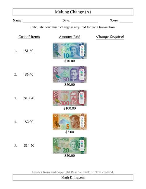 The Making Change from New Zealand Banknotes up to One Hundred Dollars (A) Math Worksheet