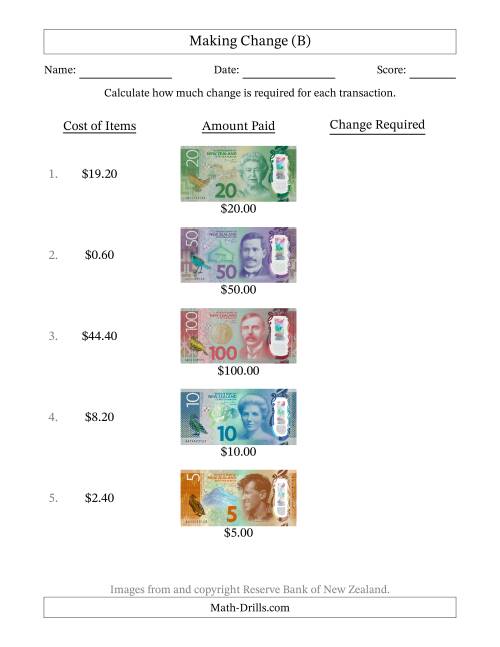 The Making Change from New Zealand Banknotes up to One Hundred Dollars (B) Math Worksheet