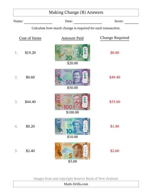 The Making Change from New Zealand Banknotes up to One Hundred Dollars (B) Math Worksheet Page 2