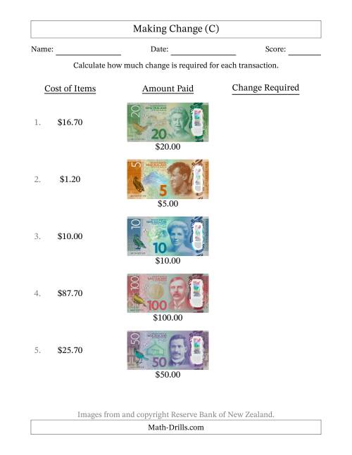 The Making Change from New Zealand Banknotes up to One Hundred Dollars (C) Math Worksheet