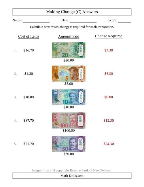 The Making Change from New Zealand Banknotes up to One Hundred Dollars (C) Math Worksheet Page 2