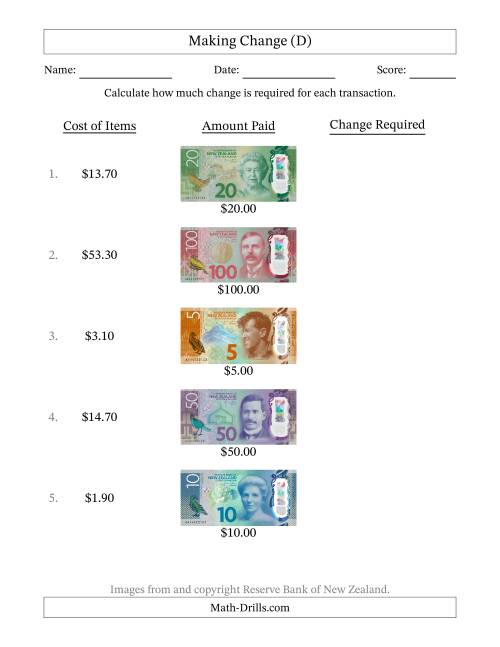 The Making Change from New Zealand Banknotes up to One Hundred Dollars (D) Math Worksheet