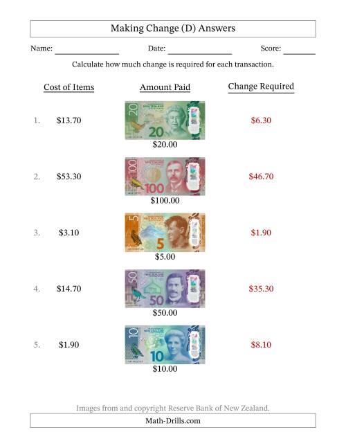 The Making Change from New Zealand Banknotes up to One Hundred Dollars (D) Math Worksheet Page 2