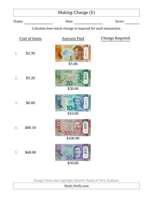 The Making Change from New Zealand Banknotes up to One Hundred Dollars (E) Math Worksheet