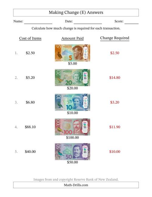 The Making Change from New Zealand Banknotes up to One Hundred Dollars (E) Math Worksheet Page 2