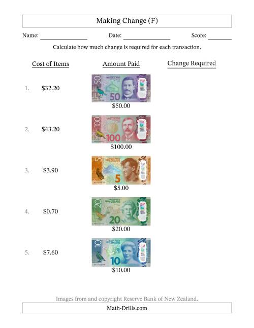 The Making Change from New Zealand Banknotes up to One Hundred Dollars (F) Math Worksheet