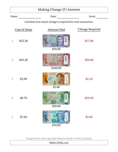 The Making Change from New Zealand Banknotes up to One Hundred Dollars (F) Math Worksheet Page 2