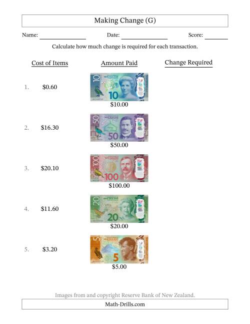 The Making Change from New Zealand Banknotes up to One Hundred Dollars (G) Math Worksheet