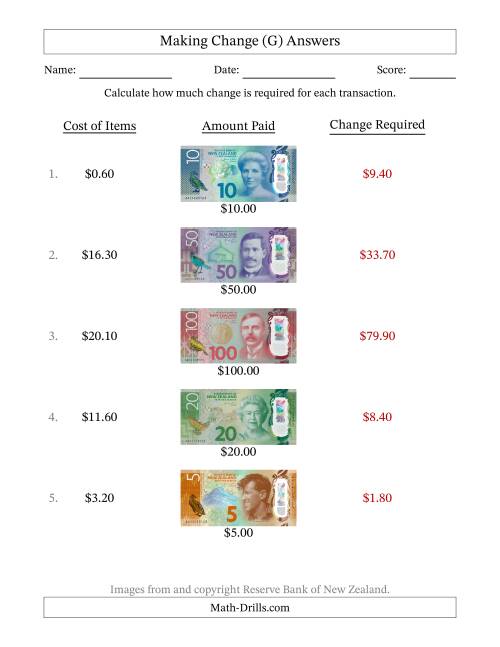 The Making Change from New Zealand Banknotes up to One Hundred Dollars (G) Math Worksheet Page 2