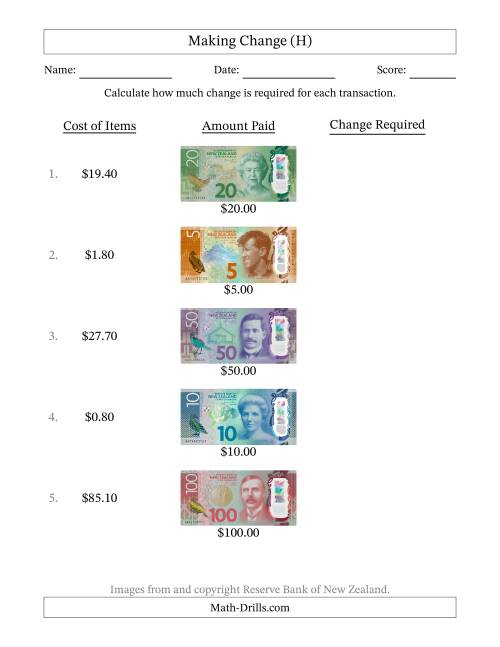 The Making Change from New Zealand Banknotes up to One Hundred Dollars (H) Math Worksheet