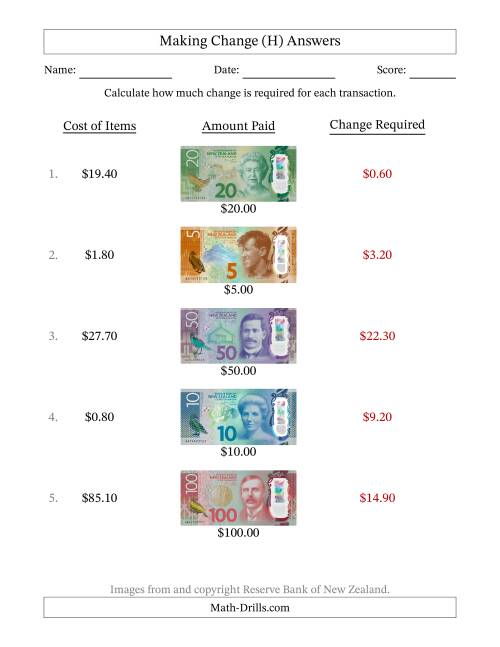 The Making Change from New Zealand Banknotes up to One Hundred Dollars (H) Math Worksheet Page 2