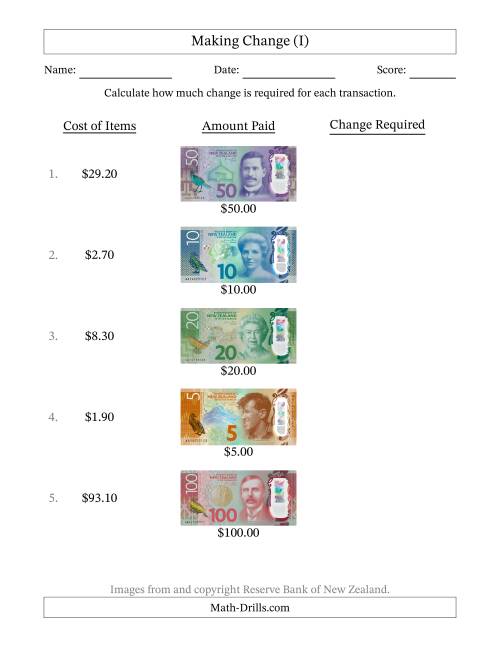 The Making Change from New Zealand Banknotes up to One Hundred Dollars (I) Math Worksheet