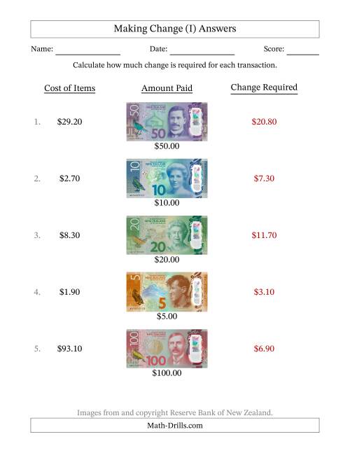 The Making Change from New Zealand Banknotes up to One Hundred Dollars (I) Math Worksheet Page 2