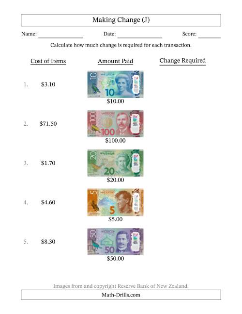 The Making Change from New Zealand Banknotes up to One Hundred Dollars (J) Math Worksheet