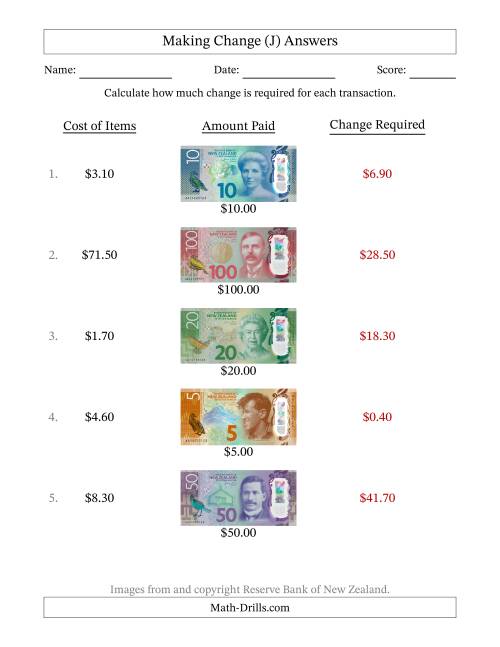 The Making Change from New Zealand Banknotes up to One Hundred Dollars (J) Math Worksheet Page 2