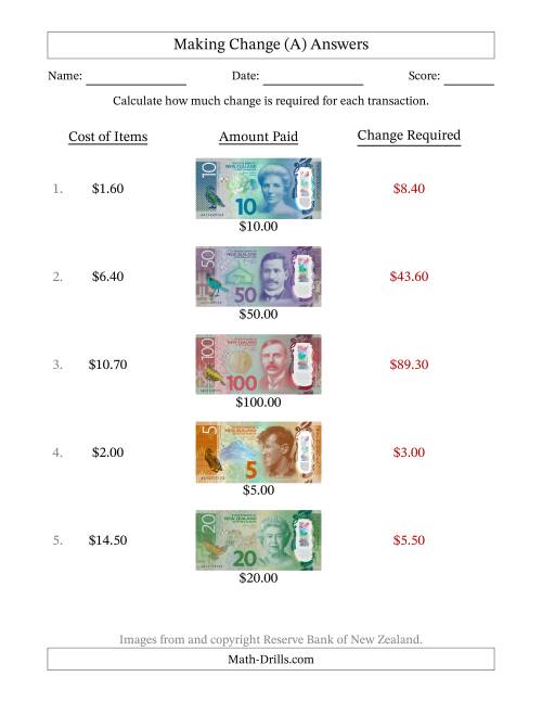 The Making Change from New Zealand Banknotes up to One Hundred Dollars (All) Math Worksheet Page 2