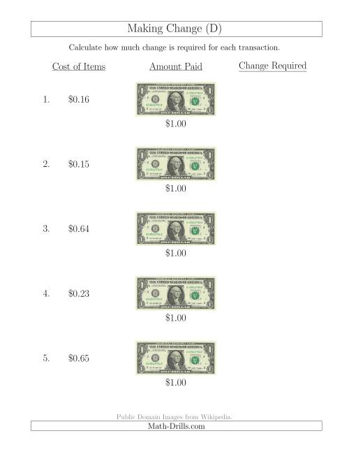 The Making Change from U.S. $1 Bills (D) Math Worksheet