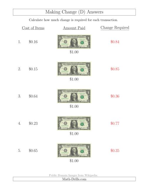 The Making Change from U.S. $1 Bills (D) Math Worksheet Page 2
