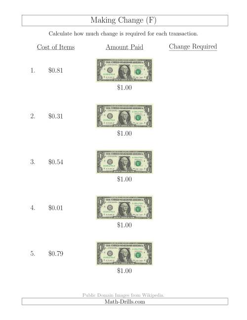 The Making Change from U.S. $1 Bills (F) Math Worksheet
