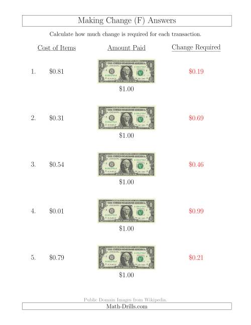 The Making Change from U.S. $1 Bills (F) Math Worksheet Page 2