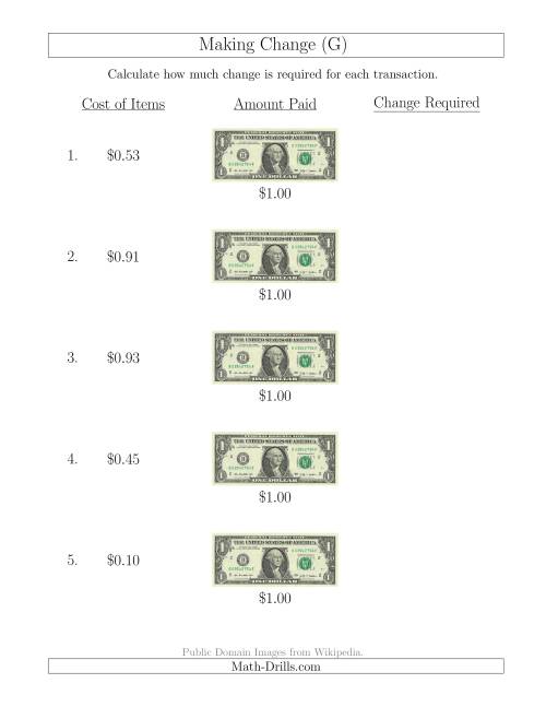 The Making Change from U.S. $1 Bills (G) Math Worksheet