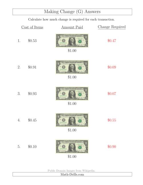 The Making Change from U.S. $1 Bills (G) Math Worksheet Page 2