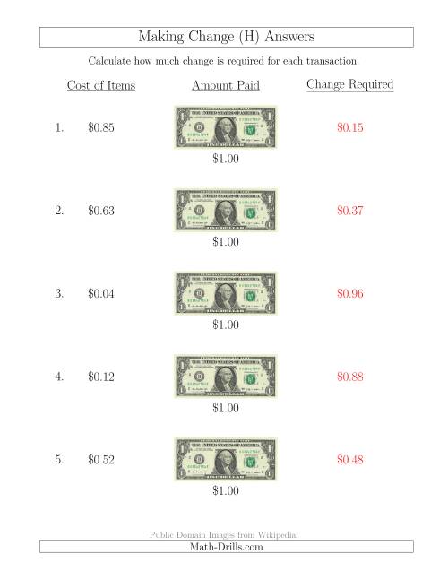The Making Change from U.S. $1 Bills (H) Math Worksheet Page 2