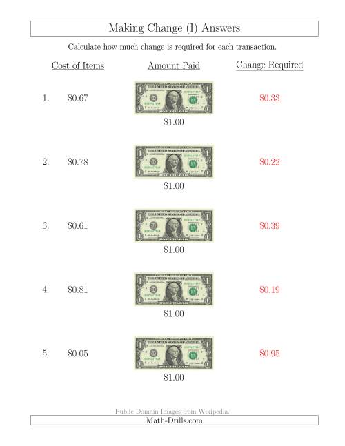 The Making Change from U.S. $1 Bills (I) Math Worksheet Page 2