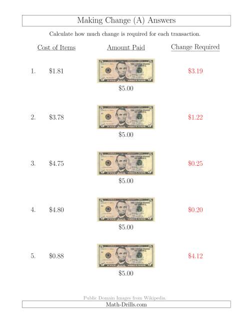 The Making Change from U.S. $5 Bills (A) Math Worksheet Page 2