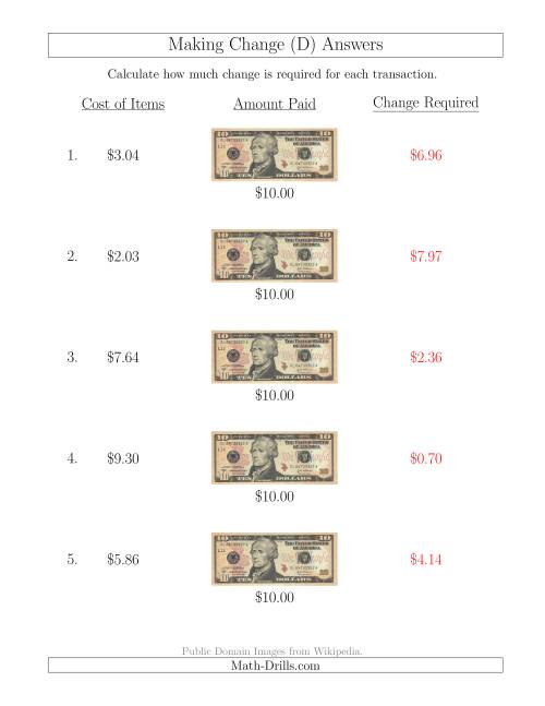The Making Change from U.S. $10 Bills (D) Math Worksheet Page 2
