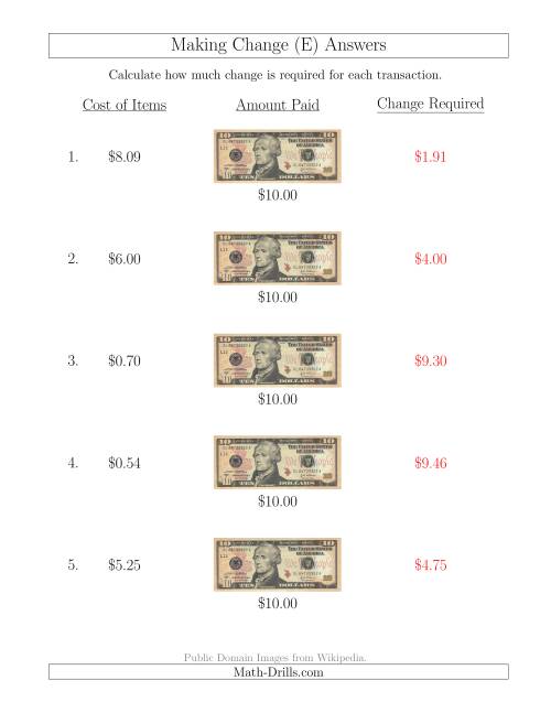 The Making Change from U.S. $10 Bills (E) Math Worksheet Page 2