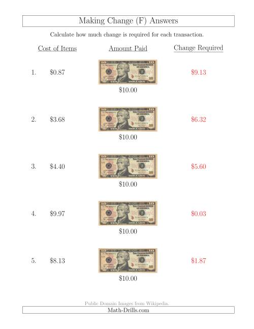 The Making Change from U.S. $10 Bills (F) Math Worksheet Page 2