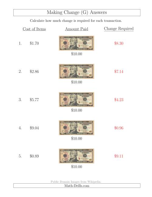 The Making Change from U.S. $10 Bills (G) Math Worksheet Page 2