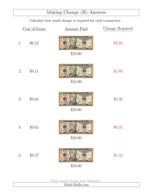 The Making Change from U.S. $10 Bills (H) Math Worksheet Page 2