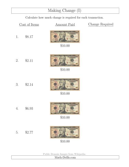 The Making Change from U.S. $10 Bills (I) Math Worksheet