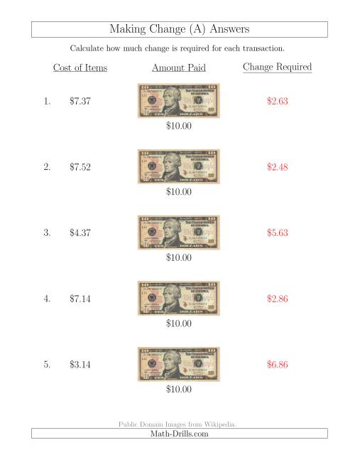 The Making Change from U.S. $10 Bills (All) Math Worksheet Page 2