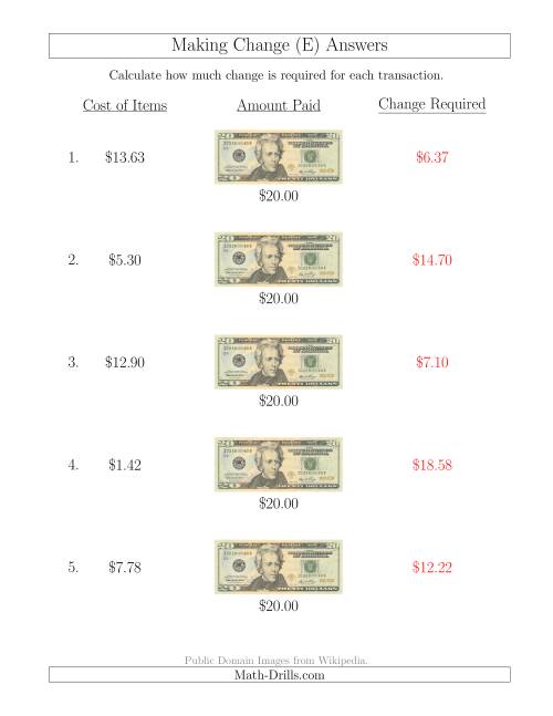 The Making Change from U.S. $20 Bills (E) Math Worksheet Page 2